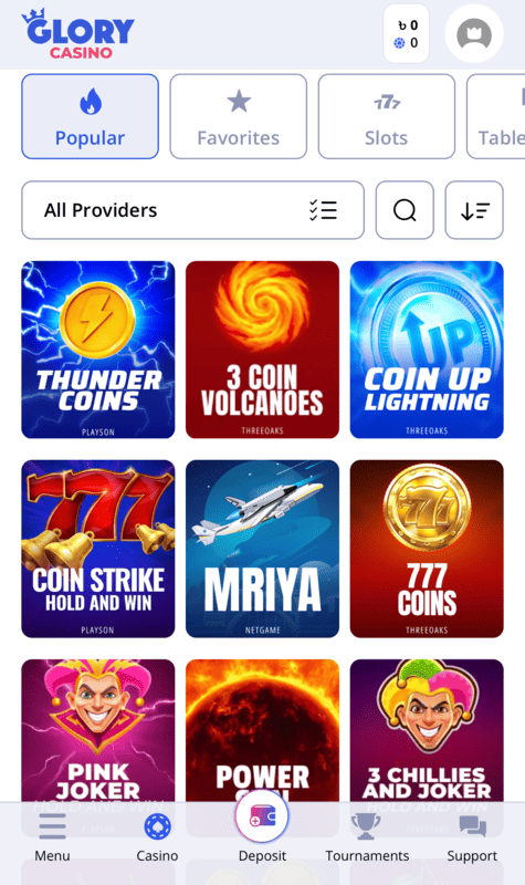 Glory Casino অ্যাপে আপনার প্রিয় গেম বেছে নিন